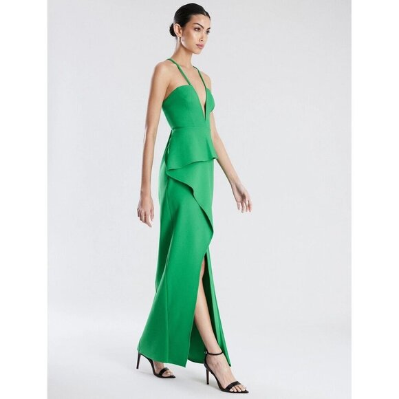 BCBGMAXAZRIA Daphne Peplum Crepe Evening Gown Malachite Womens Size 0 - Picture 2 of 10